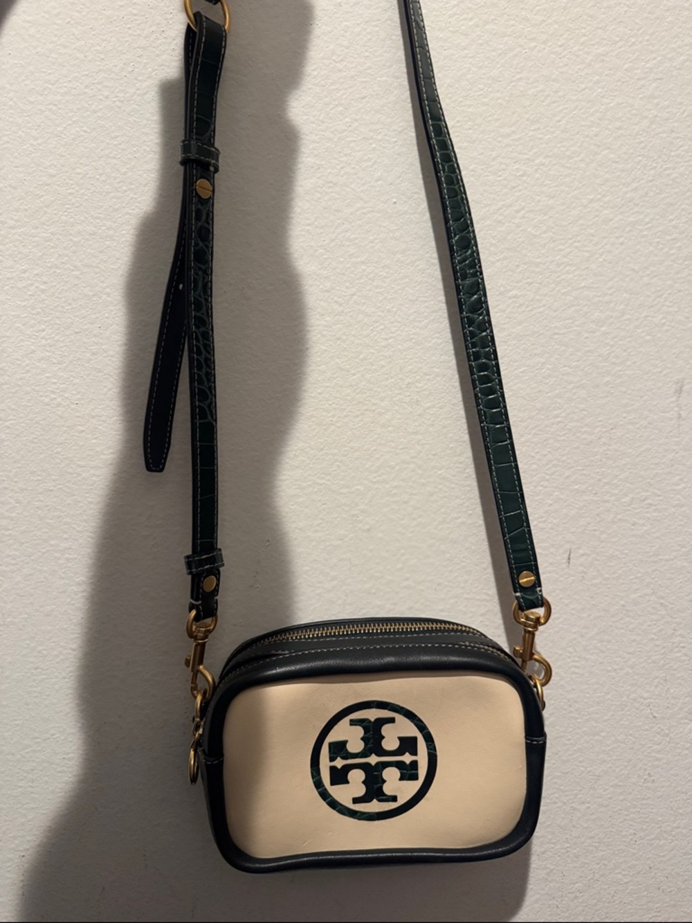 Tory Burch Cream and Black Logo Crossbody with Dark Green Strap